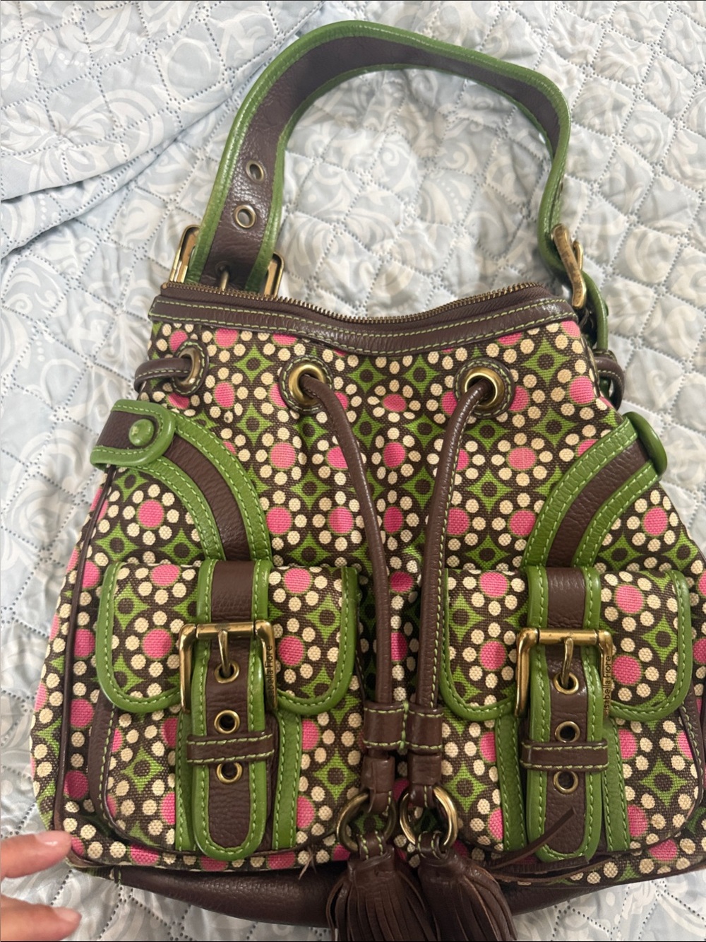 Rare Isabella Fiore Pink and Green Patterned leather trim with tassle Boho Bag